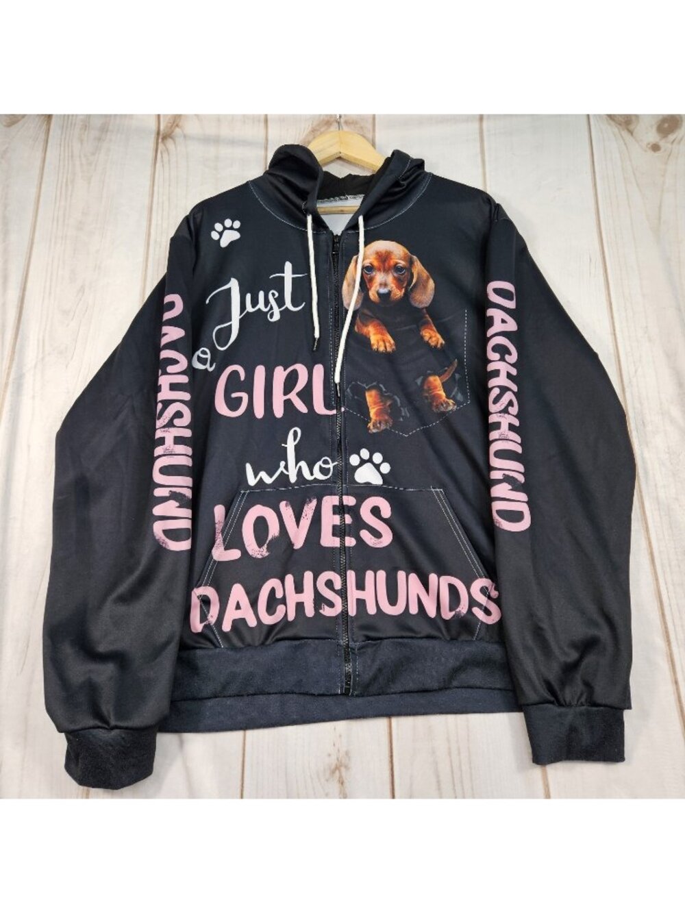 Weiner Dog Hoodie Womens 2XL Black Zip Sweatshirt Logo Graphic Dachsund Puppy
